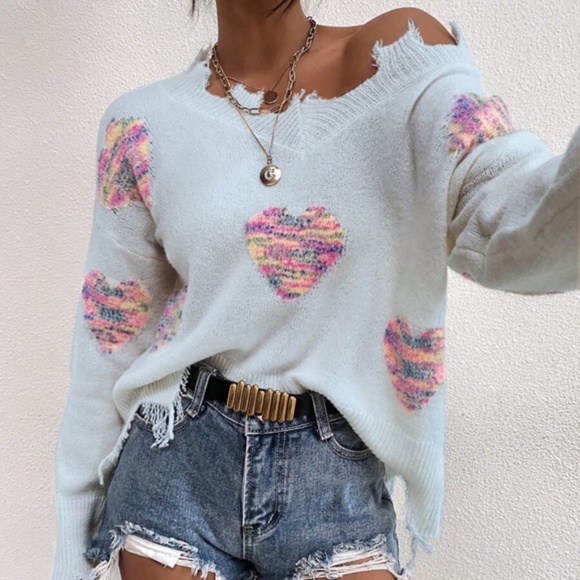 Boho Hearts White Oversized Distressed Sweater - Picture 2 of 16